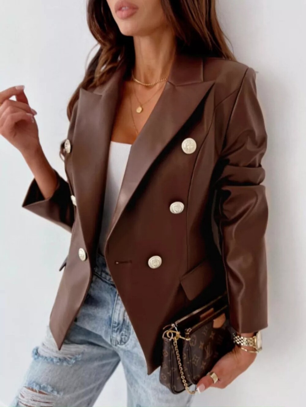 Women's Double-Breasted Brown Faux Leather Blazer